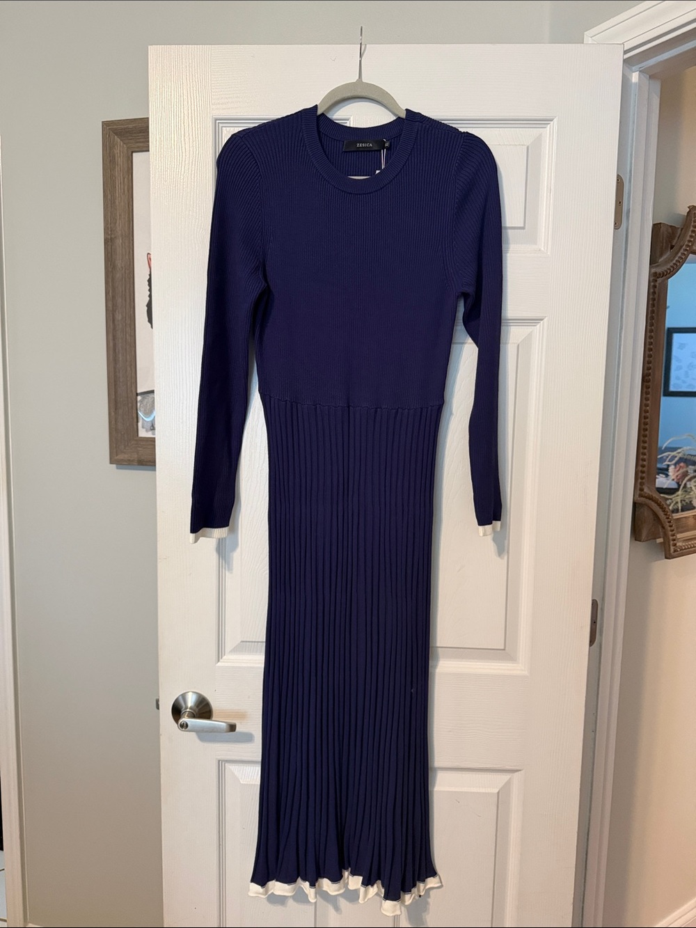 Long Sleeve Ribbed Navy Maxi Dress with Contrast Hem